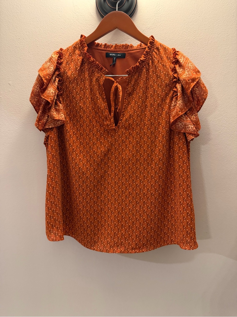 BCBG Paris Burnt Orange Ruffle Tie-Neck Blouse